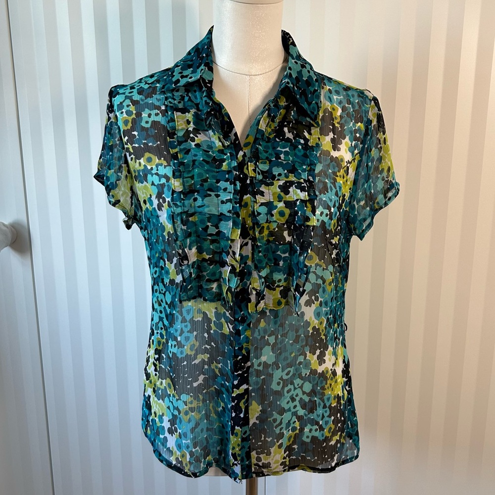 Worthington teal green blue yellow black sheer ruffled button down blouse Size M